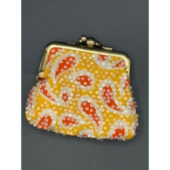 Vintage 50s Beaded Coin Change Purse Yellow Orange Hong Kong - Picture 1 of 5